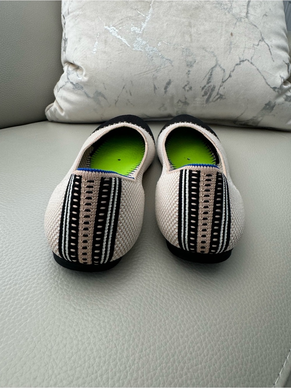 Rothy's Beige Knit Flats with Black Cap Toe and Blue Trim - Picture 2 of 3